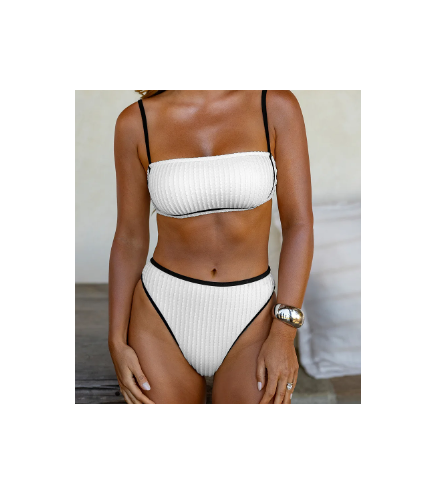 Coastal Rib Piping Bandeau & High-Waisted Bottoms Set