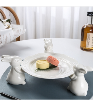 Easter Ceramic 3 Rabbit Holding Serving Trays for Cake, Fruit, Cupcake Stand, Dessert Plates, Bunny Candy Dish Gift