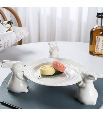 Easter Ceramic 3 Rabbit Holding Serving Trays for Cake, Fruit, Cupcake Stand, Dessert Plates, Bunny Candy Dish Gift