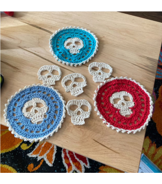 Halloween Theme Polyester Crochet Cup Mats, Antiskid Macrame Coasters, Flat Round with Skull