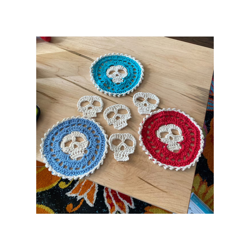 Halloween Theme Polyester Crochet Cup Mats, Antiskid Macrame Coasters, Flat Round with Skull