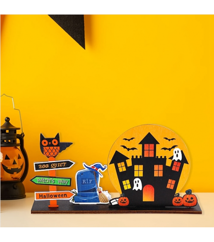 Halloween Party Ornaments, Wood Haunted House Figurines for Home Desktop Decoration