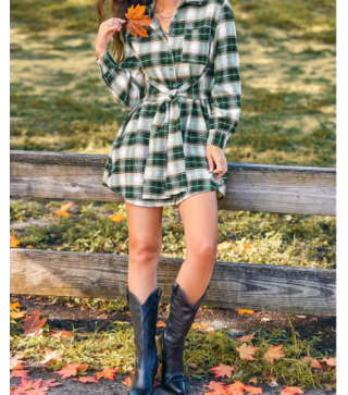 Green Plaid Front Button Mini Shirt Dress