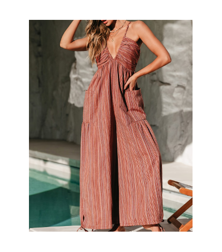 Striped Plunge Loose Leg Jumpsuit