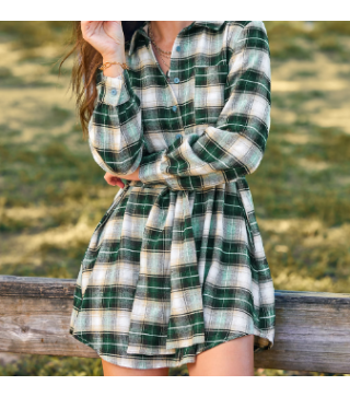 Green Plaid Front Button Mini Shirt Dress