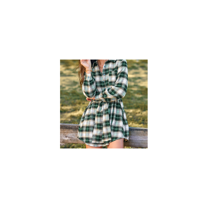 Green Plaid Front Button Mini Shirt Dress