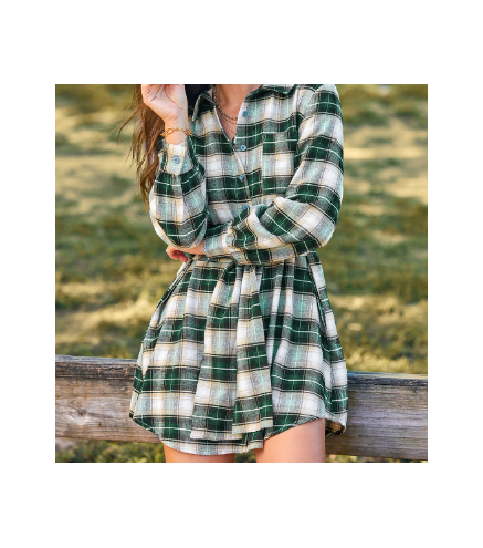 Green Plaid Front Button Mini Shirt Dress