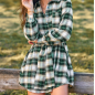 Green Plaid Front Button Mini Shirt Dress