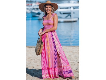 Pink Chevron Striped Self-Tie Strap Maxi Dress