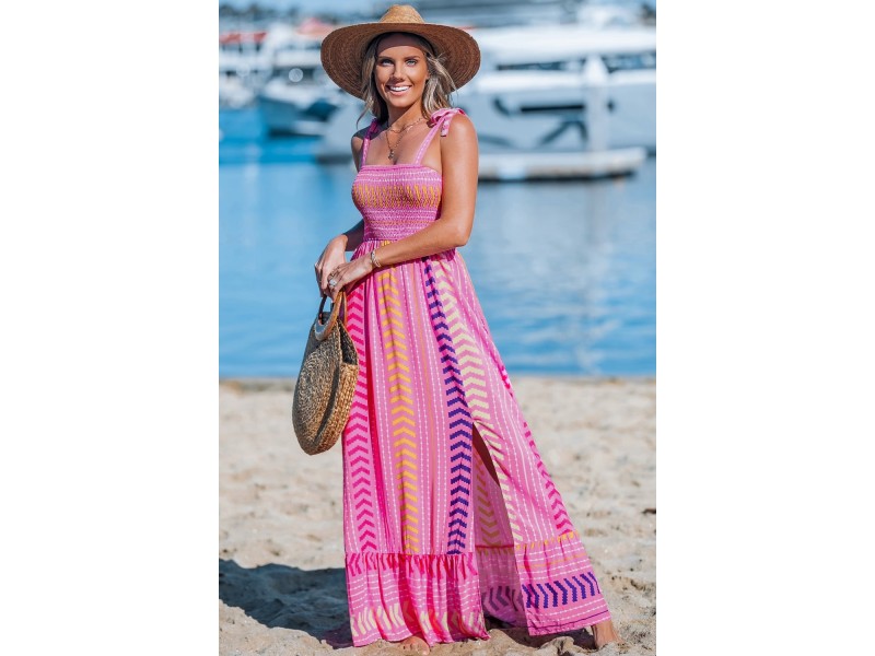 Pink Chevron Striped Self-Tie Strap Maxi Dress