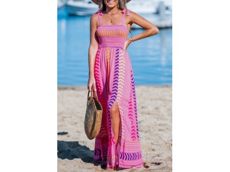 Pink Chevron Striped Self-Tie Strap Maxi Dress