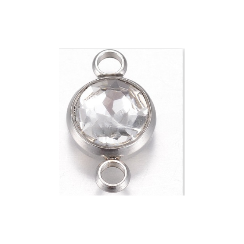 Glass Links connectors, Faceted, with 304 Stainless Steel Findings, Flat Round, Stainless Steel Color, Crystal