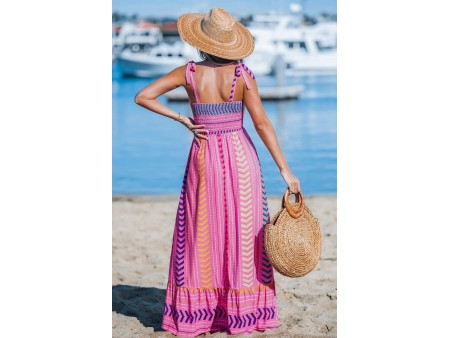 Pink Chevron Striped Self-Tie Strap Maxi Dress