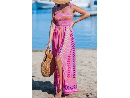 Pink Chevron Striped Self-Tie Strap Maxi Dress