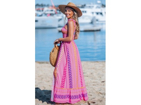 Pink Chevron Striped Self-Tie Strap Maxi Dress