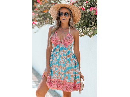 Floral Print Halter Sleeveless Mini Dress